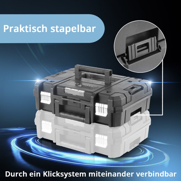Zwei stapelbare Werkzeugkoffer von STAHLWERK mit Klicksystem zur Verbindung der Boxen.