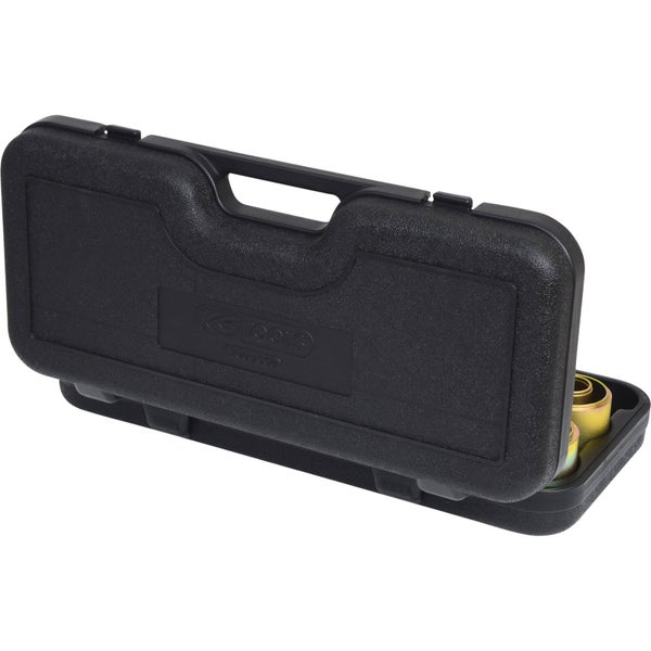 Schwarzer Werkzeugkoffer aus Kunststoff mit KS Tools Logo, leicht geöffnet mit sichtbaren Metallhülsen.