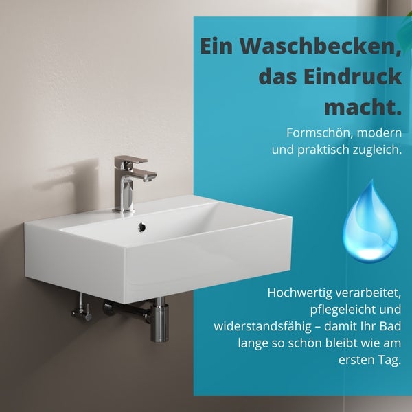 Modernes weißes rechteckiges Wand-Waschbecken mit einer verchromten Armatur und einem Siphon.