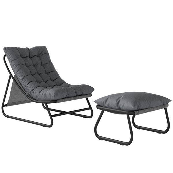Moderner Loungesessel mit passendem Hocker, schwarzes Metallgestell und gesteppte dunkelgraue Polsterung.