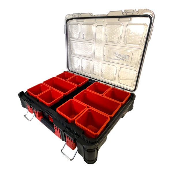 Milwaukee Packout Organizer mit transparentem Deckel und herausnehmbaren roten Einsatzboxen