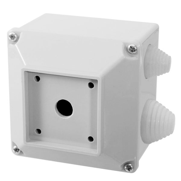 Abzweigdose Aufputz aus Kunststoff mit zwei seitlichen Kabeleinführungen und zentralen Befestigungslöchern.
