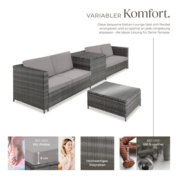 Rattan Lounge tectake Siena mit Sicherheitsglasplatte für 4 Personen grau/hellgrau