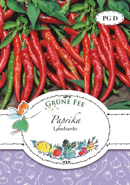 Grüne Fee Samentüte für Paprika Lombardo mit Abbildung von langen, roten Peperoni.