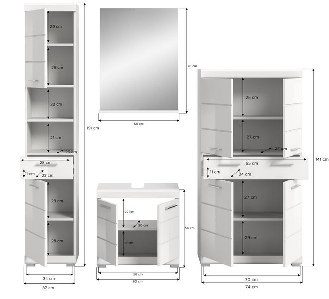 Maßzeichnung eines Badezimmermöbel-Sets bestehend aus Hochschrank, Spiegel, Waschbeckenunterschrank und Highboard mit Maßen in Zentimeter.