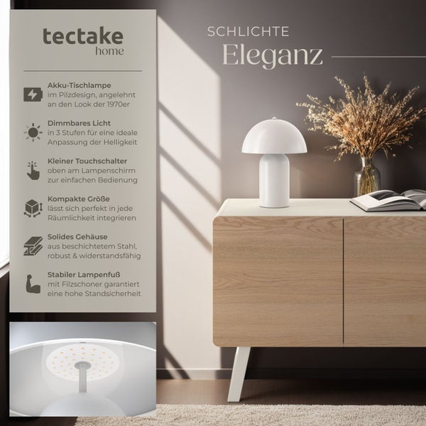 Akkubetriebene Tischleuchte im Pilzdesign auf einem Sideboard