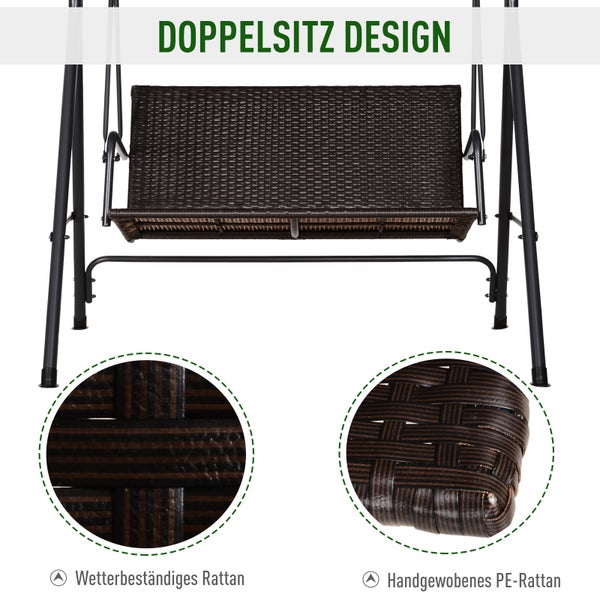 Outsunny Hollywoodschaukel, 2-Sitzer, Verstellbar, Sonnendach, Stahlrahmen,  140 x 110 x 151 cm, Rattan, Schwarz+Braun+Grau