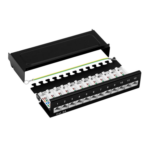 ProfiPatch Cat6a Patchpanel Patchfeld 12 Port Verteilerfeld für Keystone Module RJ45 Desktop und Wandmontage 1HE schwarz
