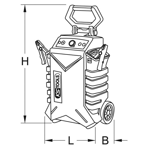 Illustration eines Batterieladegeräts mit Maßangaben und KS Tools Logo