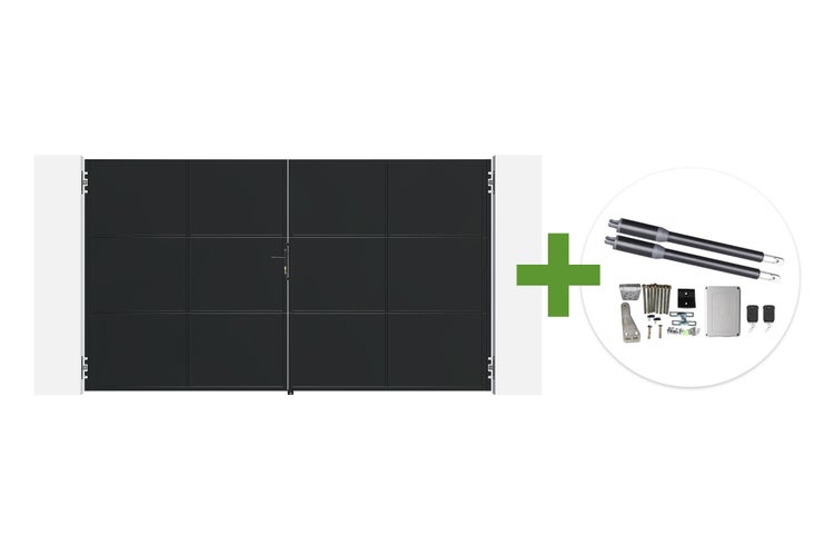 Doppelflügeltor mit modernem Design inklusive elektrischem Torantrieb und Zubehör für die bequeme Einfahrtssteuerung.