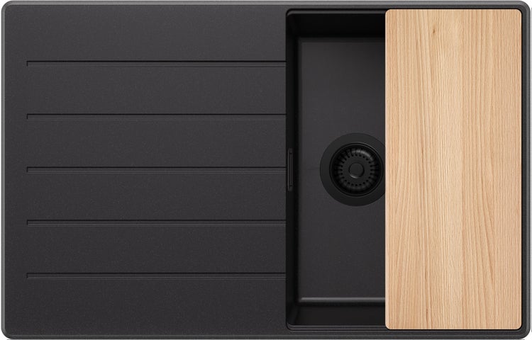 PRIMAGRAN Spülbecken Alles Schwarz 78x50cm, Granitspüle 1 Becken + Ablauf-Set + Schneidebrett, Küchenspüle ab 45er Unterschrank - Kopenhagen