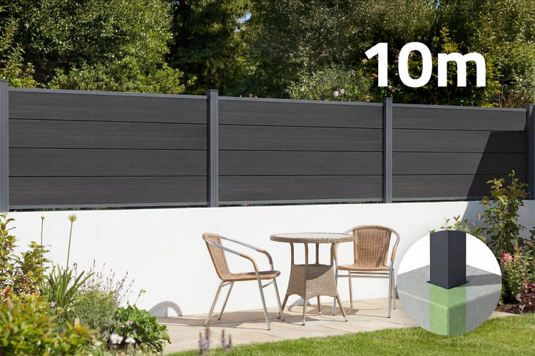 Anthrazitfarbener Sichtschutzzaun im Garten, 10 Meter Länge, auf einer Mauer montiert, inklusive Detailansicht der Pfostenbefestigung.
