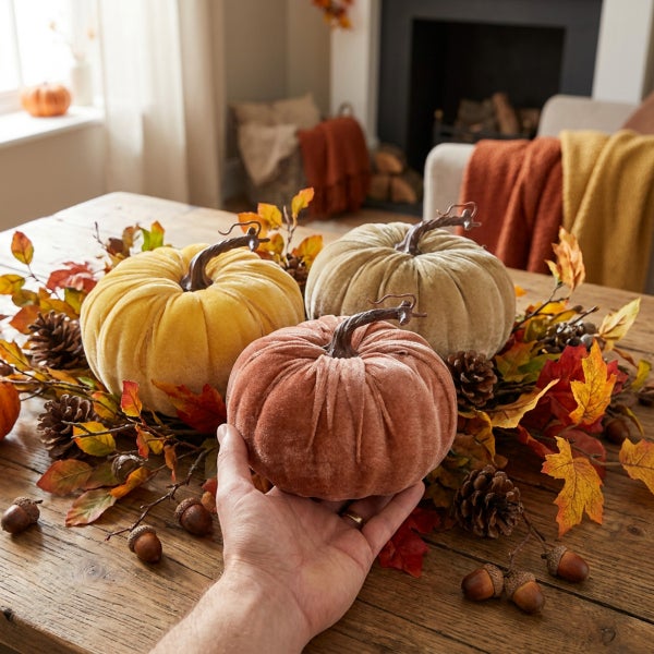 Hand hält einen dekorativen Stoffkürbis aus Samt als Herbstdekoration auf einem Holztisch mit Tannenzapfen und Eicheln.