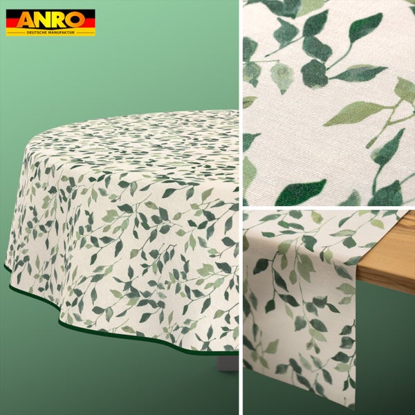 ANRO Logo. Runde Tischdecke und Tischläufer mit botanischem Blättermuster auf strukturiertem Stoff.