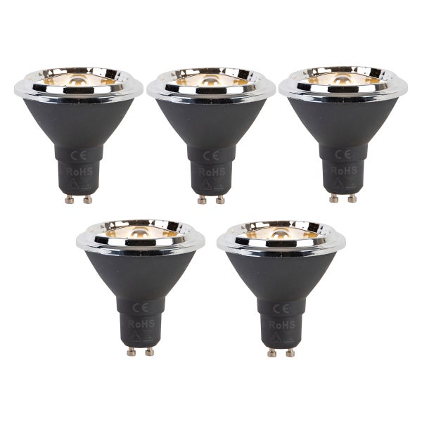 Fünf GU10 LED-Leuchtmittel in Schwarz mit silbernem Rand und CE- sowie RoHS-Kennzeichnung.