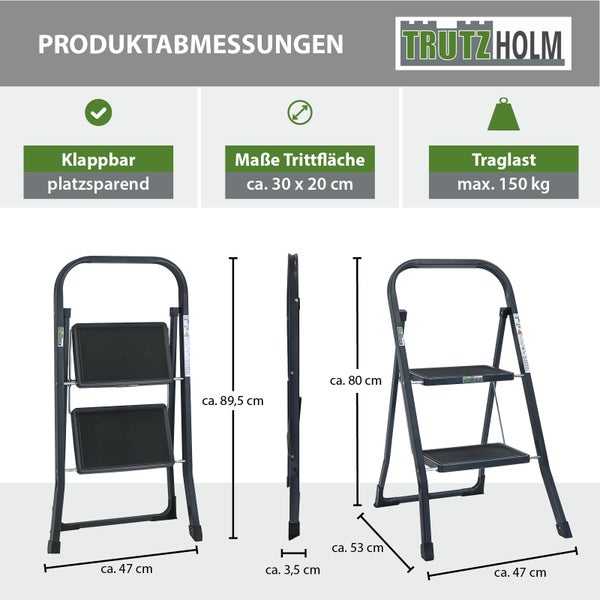 Technische Zeichnung der Trutzholm Haushaltsleiter mit zwei Stufen und Angabe der Produktabmessungen und maximalen Traglast.