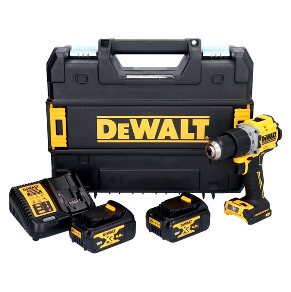 DeWALT Akku-Bohrschrauber-Set mit zwei 18 Volt 4,0 Amperestunden Akkus, Ladegerät und Transportkoffer.