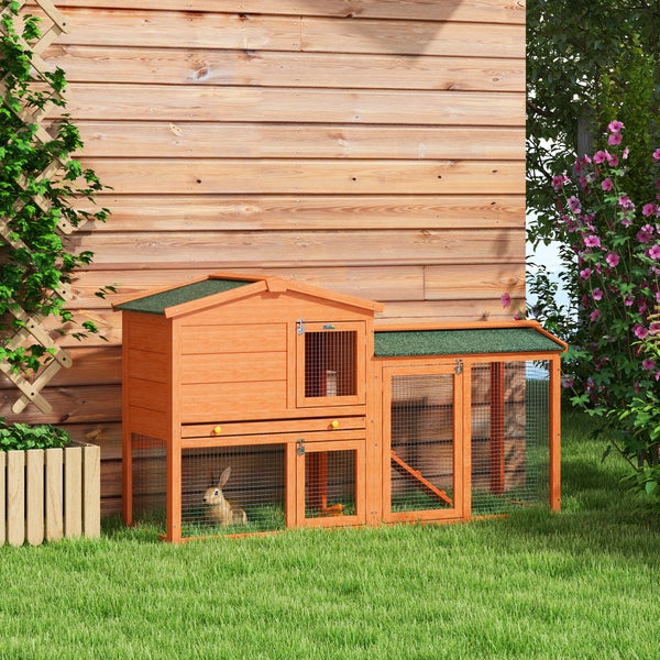 PawHut Hasenstall 2 Ebenen Kaninchenstall aus Tannenholz Winterfest Doppelstockhaus mit Freilaufgehege Wanne Rampe 150x45x85 cm Kaninchenkäfig Outdoor Kleintierstall für Hasen Meerschweinchen Orange