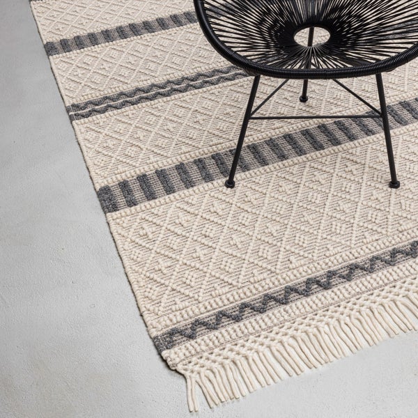 Handgewebter moderner Wollteppich im Macrame Style Beige 90x160 cm