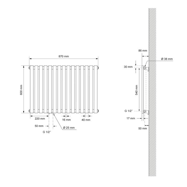 LuxeBath Designheizkörper Stella Horizontal 870 x 600 mm Chrom mit Mittelanschluss + Anschlussgarnitur mit Thermostat Universal Eck- und Durchgangsform, Bad Heizkörper Paneelheizkörper Badheizkörper