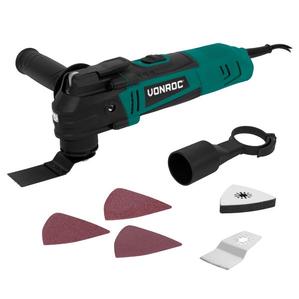 VONROC Oszillierendes Multitool 350W – Variable Geschwindigkeit 12.000 – 22.000 U/min. – Inkl. Schleifteller, Klinge für Eintauchschnitte, Schaberklinge und Adapter für Staubabsaugvorrichtung