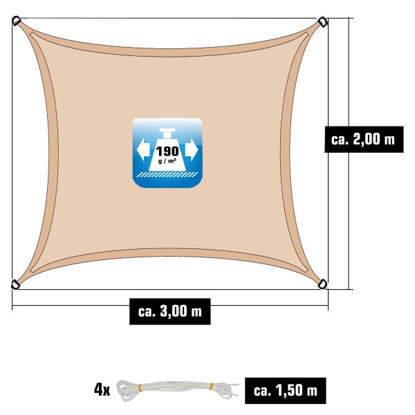AMANKA 2x3m Sonnensegel Rechteckig Wasserdicht - Rechteck Sonnenschutz Segel mit Befestigung - Beige