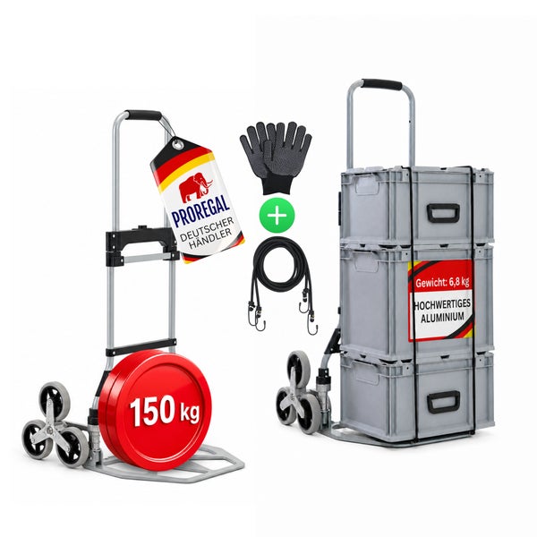 Aluminium-Treppensteiger-Sackkarre mit 150 Kilogramm Tragkraft, 6,8 Kilogramm Eigengewicht, Arbeitshandschuhen, Spanngummi, grauen Boxen und ProRegal Logo.