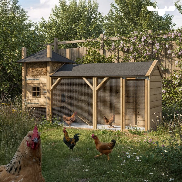 Hühnerstall aus Holz mit Auslaufgitter und Hühnern im Garten