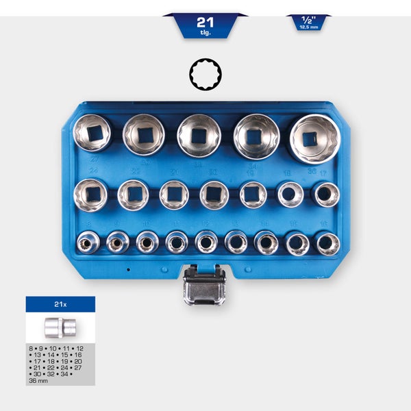 21-teiliges Steckschlüssel Set mit 1/2-Zoll Aufnahme im blauen Kasten