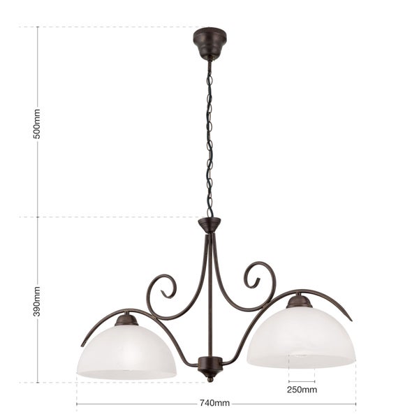 Zweiflammige Pendelleuchte in rustikalem Design mit zwei Glasschirmen und Metallgestell inklusive Maßangaben.