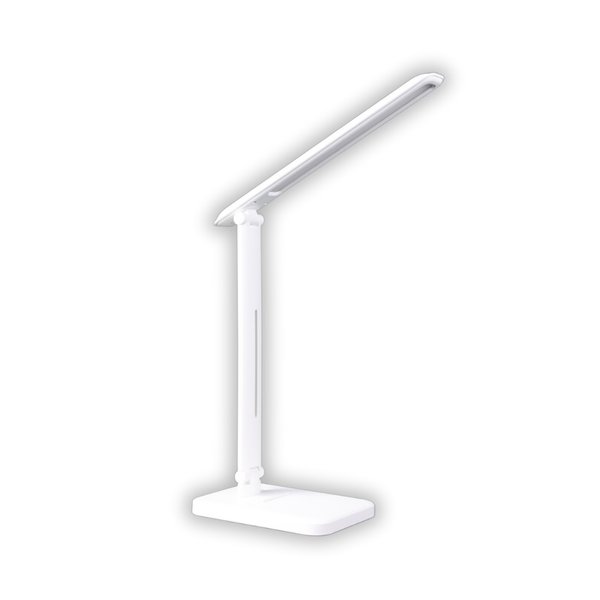 Weiße LED-Schreibtischleuchte mit verstellbarem Arm und rechteckigem Standfuß.