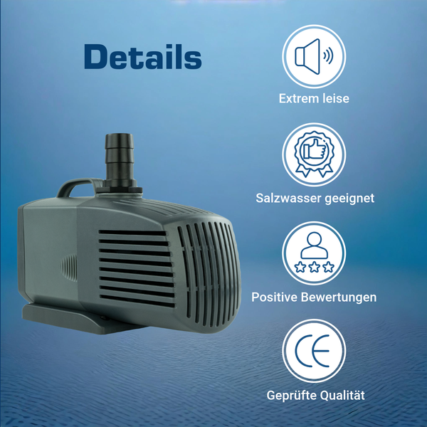Aquariumpumpe mit Details: extrem leise, für Salzwasser geeignet, positive Bewertungen und geprüfte Qualität.