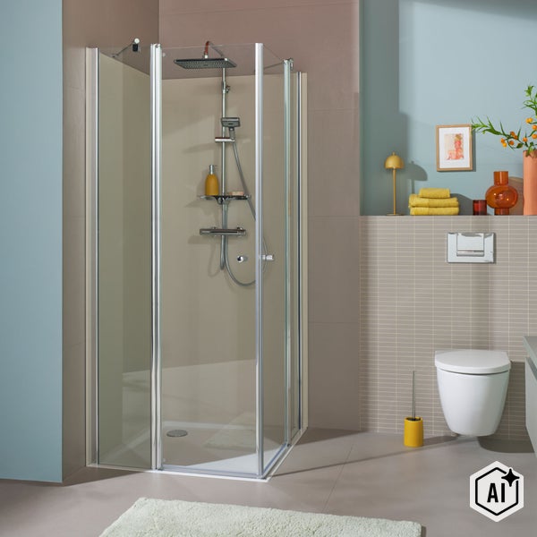 Moderne Eckduschkabine mit Glastüren und Duschsystem im Badezimmer neben einer Wand-WC-Einheit.