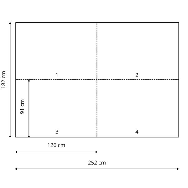 Diagramm mit Abmessungen: Höhe 182 cm, Abschnittshöhe 91 cm, Abschnittsbreite 126 cm, Gesamtbreite 252 cm.