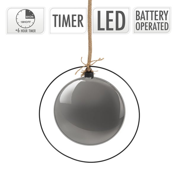 ECD Germany LED-Weihnachtskugel Ø18cm, 40 LEDs, 80cm Seil, Deko Leuchtkugel zum Hängen, Warmweiß, Schwarz, Glaskugel mit Beleuchtung & Metallring, batteriebetrieb + Timer, Innen, Kugel Weihnachtsdeko