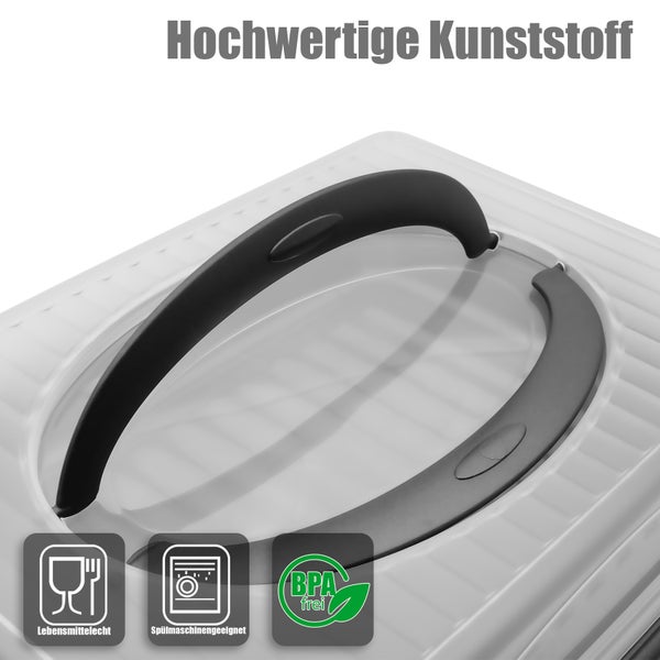 Deckel aus hochwertigem Kunststoff mit zwei Tragegriffen und Symbolen für lebensmittelecht, spülmaschinengeeignet und BPA-frei.