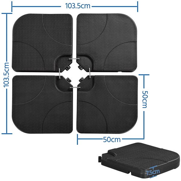 Vier Kunststoffplatten zur Beschwerung eines Sonnenschirms mit Maßangaben