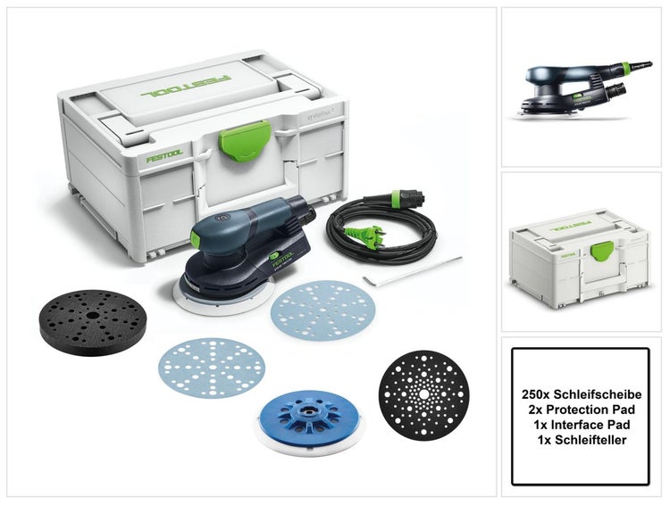 Festool ETS EC150/3 EQ-Plus Exzenterschleifer 400 W 150 mm Brushless + 250x Schleifscheiben + 2x Protection Pad + Interface Pad + Schleifteller + systainer