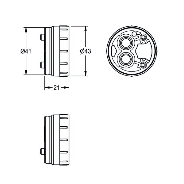Technische Zeichnung einer Armaturenkartusche mit den Maßen Durchmesser 41 Millimeter, Durchmesser 43 Millimeter und Länge 21 Millimeter.