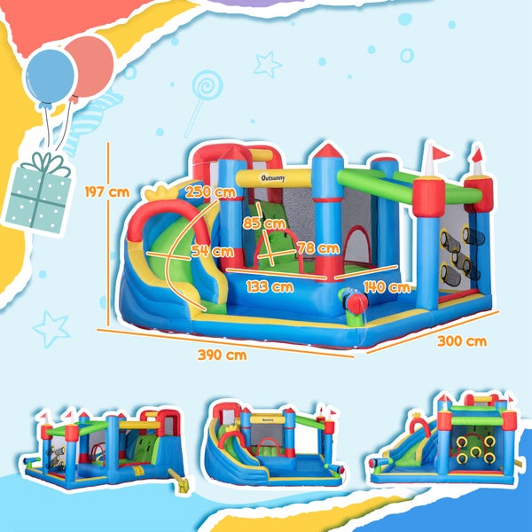 Outsunny Hüpfburg, Wasserpark, Aufblasbare Hüpfburg mit Gebläse, Wasserspielcenter, inkl. Wasserrutsche, Trampolin, Kletterwand, für Kinder ab 3 Jahren, In- und Outdoor, Bunt, 390 x 300 x 197 cm