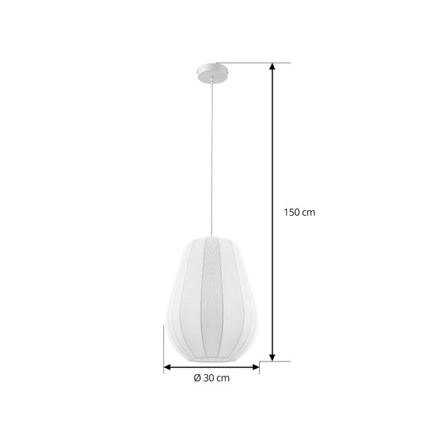 Pendelleuchte mit tropfenförmigem, geripptem Textilschirm. Gesamthöhe 150 Zentimeter, Durchmesser 30 Zentimeter.