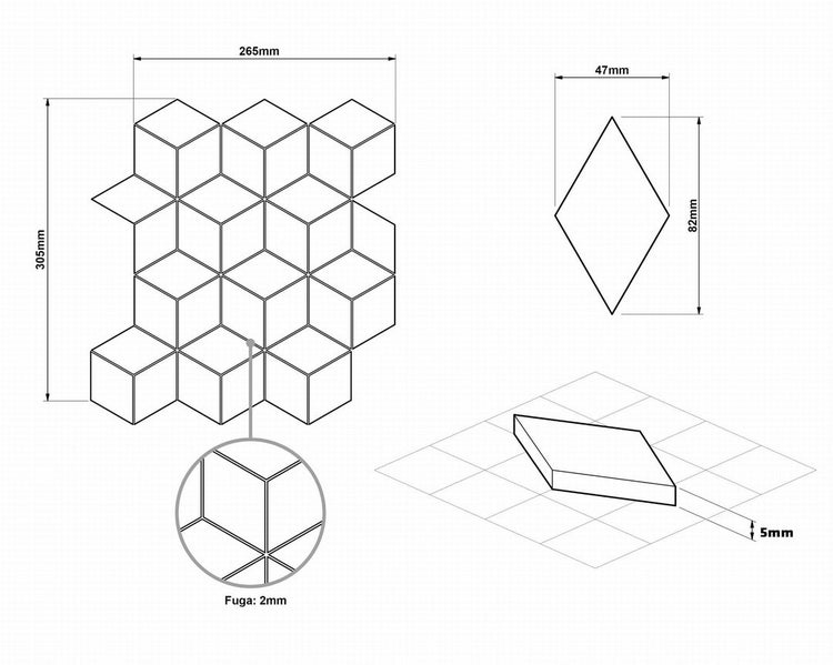 Keramikmosaik auf Netz für Bad oder Küche 30.5cm x 26.5cm - Black Geometric Cubes