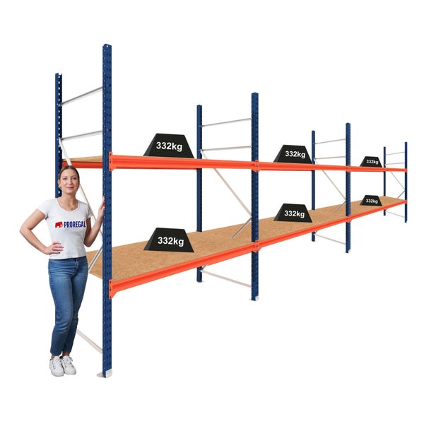 Schwerlastregal mit blauen Stehern, orangen Traversen und Holzböden. Tragkraft 332 Kilogramm pro Ebene. Person zum Größenvergleich daneben.