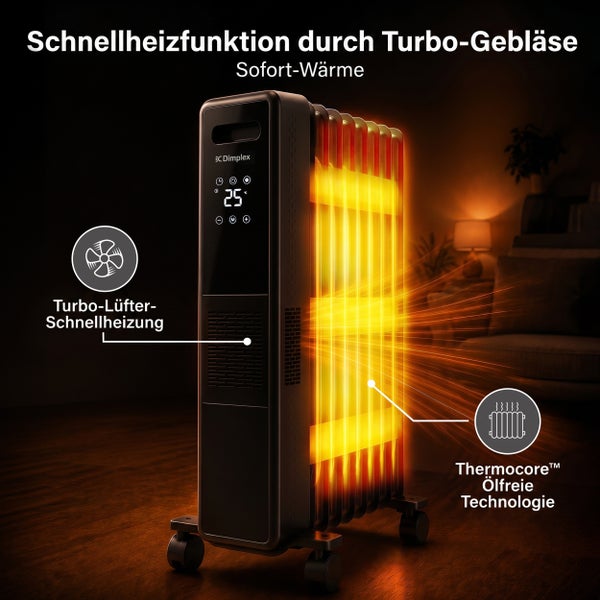 Mobiler Ölfreier Radiator mit Dimplex Logo und Turbo Gebläse Funktion zur Schnellheizung für sofortige Wärme im Wohnraum.