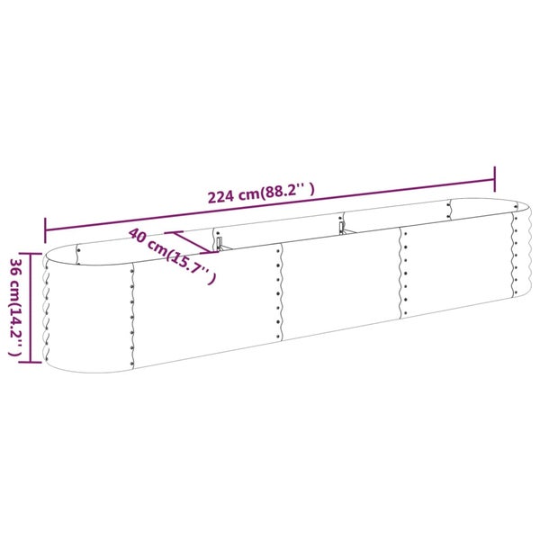 Illustration eines Hochbeets mit Maßangaben: 224 cm Länge, 40 cm Breite und 36 cm Höhe.