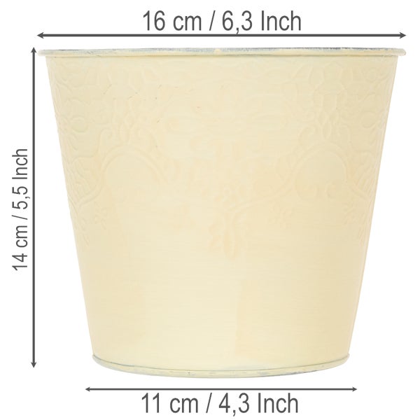 Cremefarbener Blumentopf mit Reliefmuster, Höhe 14 Zentimeter, Durchmesser oben 16 Zentimeter, Durchmesser unten 11 Zentimeter.