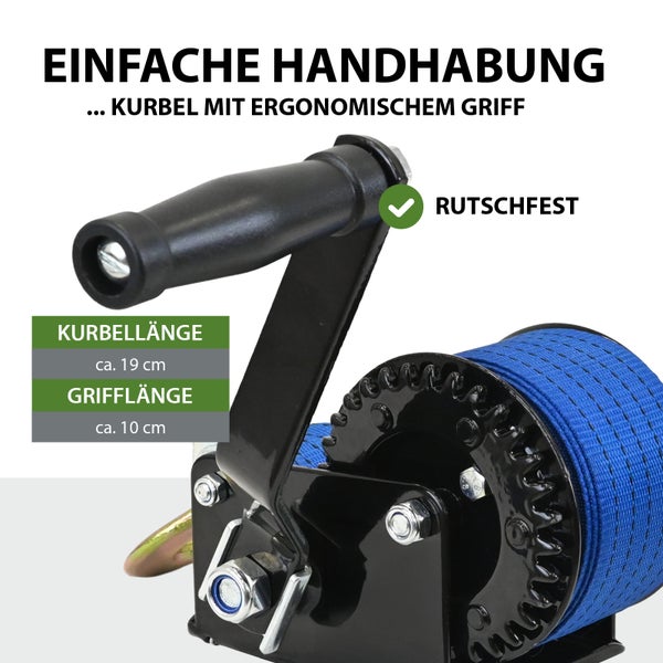 Handseilwinde mit rutschfestem Griff, Kurbellänge circa 19 Zentimeter, Grifflänge circa 10 Zentimeter