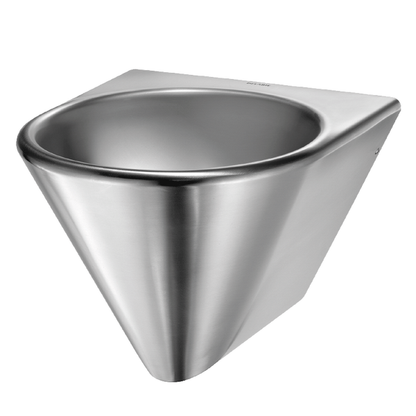 Wandhängendes Urinal aus Edelstahl mit konischer Form und satinierter Oberfläche.