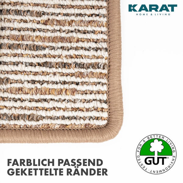 Strukturierter Teppich mit farblich passend geketteltem Rand, Karat Home and Living Logo und GUT-Siegel für Umwelt- und Gesundheitsverträglichkeit.