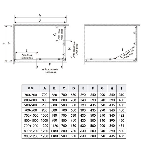 Technische Zeichnung einer Duschkabine mit Maßangaben